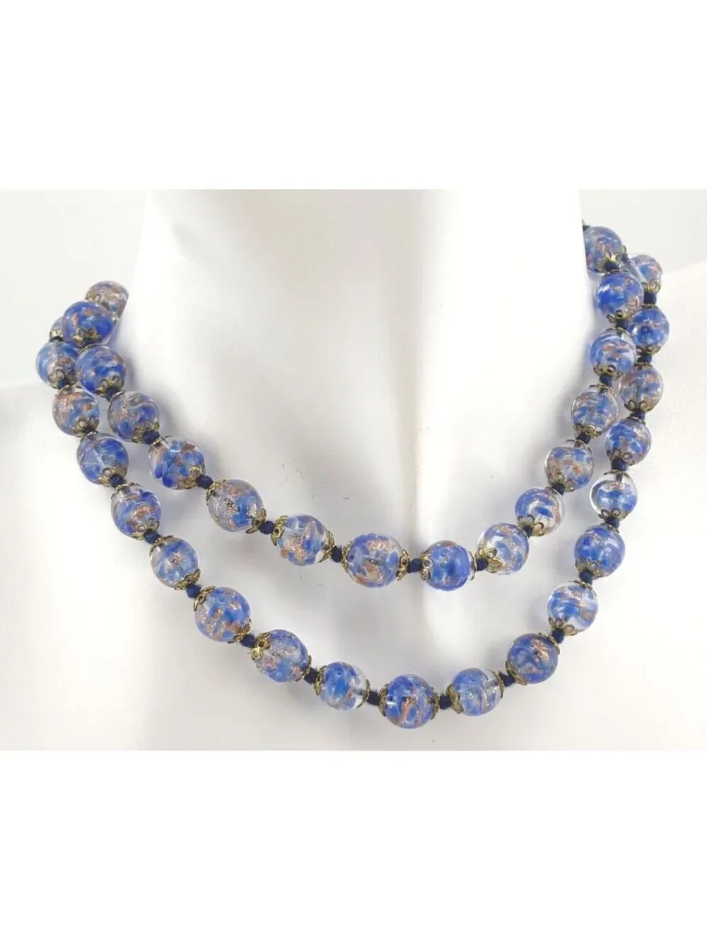 Vintage Blue Venetian Murano Glass Foil Beaded Necklace with Gold Tone Clasp 24
